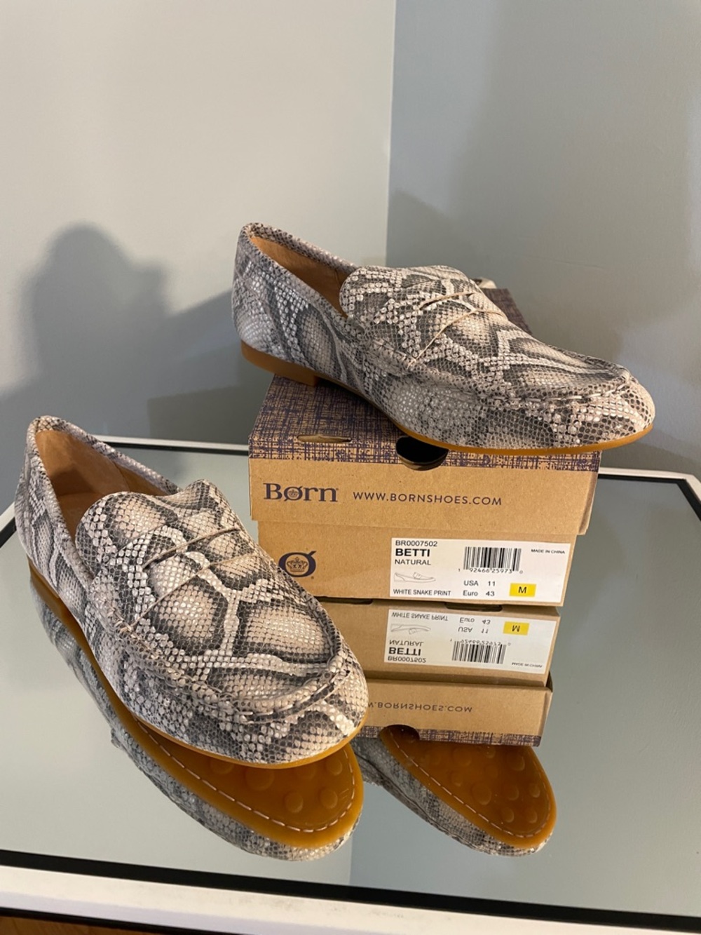 Born Betti Snake-Print Loafers in White and Gray nwt with box unworn 11